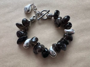 925 Sterling Silver Teardrop Smokey Quartz Gemstone Bead Beaded Bracelet 51g - Picture 1 of 18