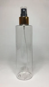 200ml Clear Cylindrical Plastic Bottle & Shiny Gold/Black Atomiser ANY AMOUNT - Picture 1 of 1