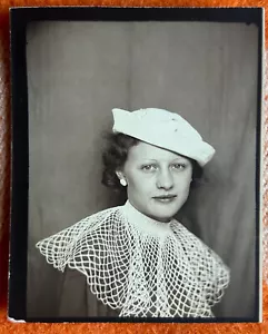 Woman Sailor Cap Fishnet Shawl Enlarged Photomatic Vintage B/W Photograph - Picture 1 of 2