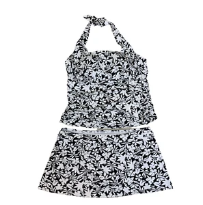 Lands End Womens 26W Swimsuit Set Halter Top Skirt Black White Floral Soft Cup - Picture 1 of 14