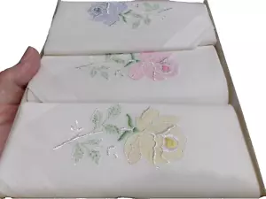 Vintage Embroidered Hankies Roses Cotton 3 White Handkerchiefs SWITZERLAND - Picture 1 of 8