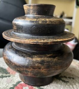 Antique Tibetan Burl Wood Tsampa Food Bowl with Lid 6” Tall
