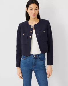 NEW ANN TAYLOR $179 NAVY TWEED PEARL BUTTON PATCH POCKET JACKET SZ 10 - Picture 1 of 4