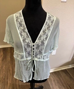 Free People Lt Green Semi Sheer 100% Silk Lace Flutter Sleeve Boho Top Med - Picture 1 of 6