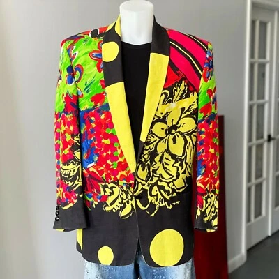 Blazer masculino de linho Gianni Versace um botão tamanho 46 da S/S 1991 Pop Art - Imagem 1 de 4