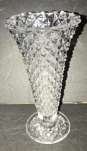 Vintage MCM Diamond Point Clear Pressed Glass Vase 8" Tall Bud Vase - Picture 1 of 4