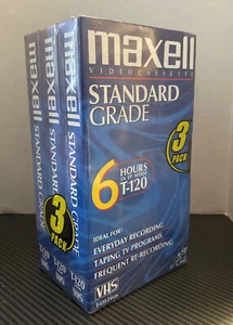3 Videocassette Maxell VHS T-120 6 ore videoregistratore grado standard vuote nuove, sigillate - Foto 1 di 4