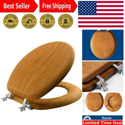 Durable Round Wood Toilet Seat with Non-Tarnish Chrome Hinges – Versatile Fit Foto 1 de 4