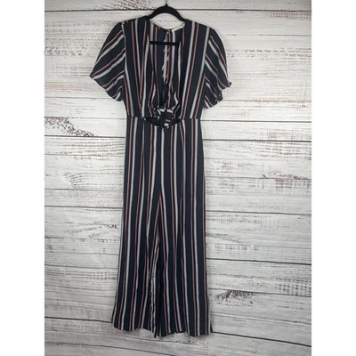 Lush Jumpsuit Women's Medium Navy Blue Red Striped Wide Leg Short Sleeve Tie - Image 1 of 4