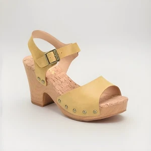 KORKS Briona Leather Platform Sandals Heels 9 M Yellow Mustard Boho Comfortable - Picture 1 of 4