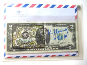 K. HARING: 2 Dollar ORIGINAL SIGNIERT, SKIZZIERT, DATIERT, BEARBEITET, von 1986 - Bild 1 von 8