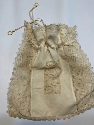 "Antiguo bolso de lino con cordón de encaje beige 9""" Foto 1 de 4