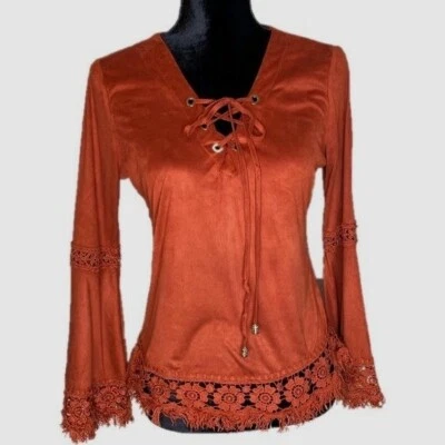 Rust Orange Lace-Up Long Bell Sleeve Top Crochet Trim Size S Mystree Floral - Image 1 of 4