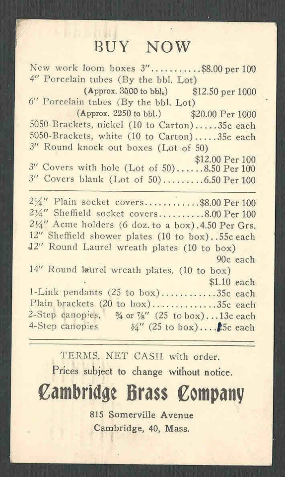 DATED 1921 PC CAMBRIDGE BRASS CO CAMBRIDGE MA SELLS ASSORTED ITEMS - Image 1 of 1