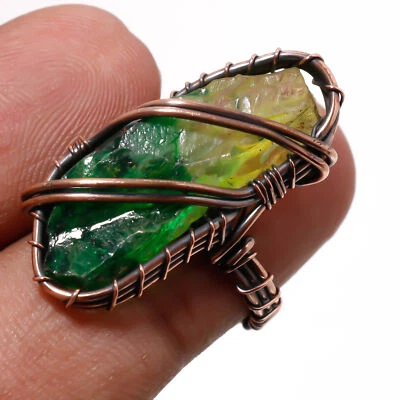 Slice Rough Druzy Gemnstone Ring Handmade Ethnic Wire Wrap Copper Jewelry 5" y21 - Image 1 of 4