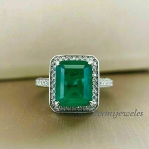 14K White Gold Over 2.50CT Emerald Cut Real Emerald Engagement Wedding Halo Ring - Picture 1 of 8
