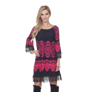 Women's Alta Dress: Fuchsia 3/4 Sleeve Pattern Sheath Dress - Picture 1 of 1