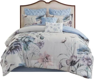 Madison Park Cassandra 8-Piece Cotton Printed Comforter Set – Blue - Queen Size - Picture 1 of 16
