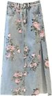 Women Floral Print Long Denim Jean Skirt Printed Midi A Line Skirt Side Slit Den