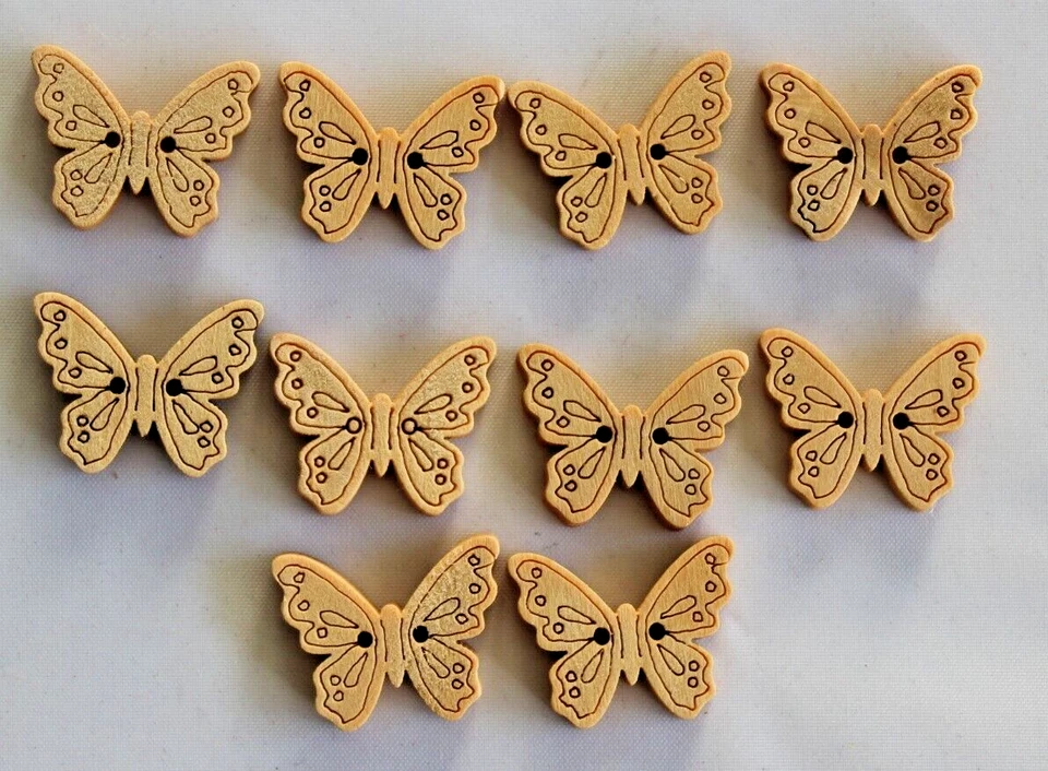 10  Natural Wood Butterfly Shaped  23mm Wide x 19mm High Wooden  Buttons - Image 1 of 1