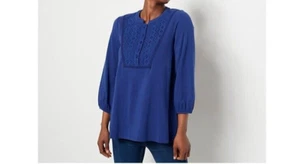 Isaac Mizrahi Live Knit Half Placket Cascade Hem Top Eyelet Royal Navy sz S - Picture 1 of 6