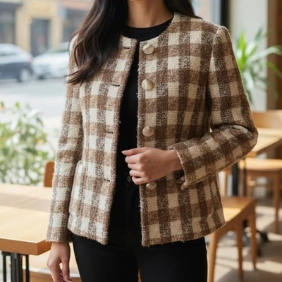Chaqueta vintage Oleg Cassini grande cuadros gingham neutro crema y tostado talla 14 Foto 1 de 4
