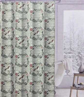 Envogue Winter Wishes Verde Navidad Tela Cortina de Ducha Acebo Poinsettia Foto 1 de 4