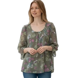 Blusa LC LAUREN CONRAD Oliva Floral Estampado de Pájaros Manga Larga Transparente XXL - Imagen 1 de 12