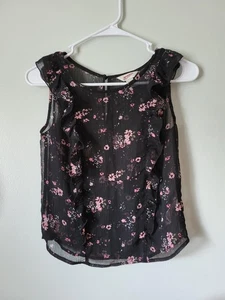 Arizona Jean Co Blouse Women's XS Sheer Black Floral Print Short Sleeve Shirt - Picture 1 of 2