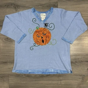 The Quaker Factory Sequined Halloween Pumpkin Jack O'Lantern Sweater Sz 1X Bling - Picture 1 of 13
