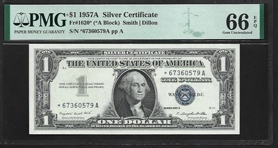 US $1 Star Note 1957A PMG 66 EPQ UNC Fr#1620* Silver Certificate Smith/Dillon - Image 1 of 4