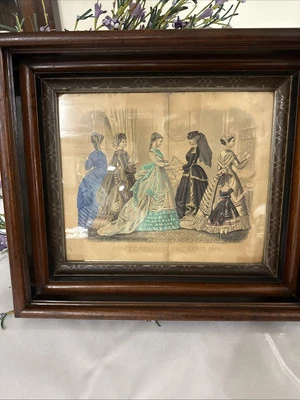 Moldura de madeira antiga rara Godey's Fashions estilo litografia abril de 1869 - Imagem 1 de 4