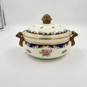 ASTA Emaillegeschirr Rose Floral Messinggriff 7" Durchmesser x 3" mit Deckel Kochgeschirr - Deutschland - Bild 1 von 7