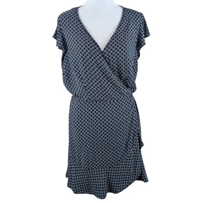 Abercrombie Wrap Mini Dress Large Navy/Black White Geo Ditsy Floral Flutter - Image 1 of 4