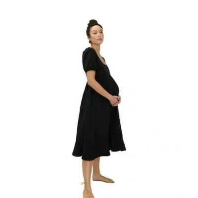 Hatch Maternity Black Tisha Tencel Linen Short Sleeve Pockets Midi Dress M 2 NEW - Image 1 of 4