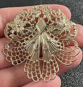 Vintage 2” Art Nouveau Filigree Brooch Pin Flowers Gold Tone Metal