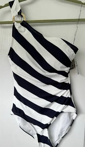 NWT $102 MICHAEL KORS One Shoulder Swimsuit Size 6 New Navy Logo Ring - Picture 1 of 5