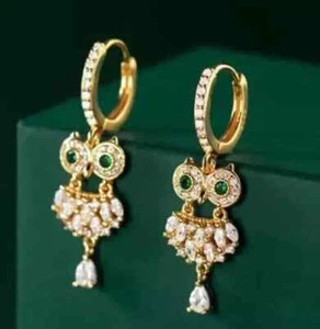 2.84 Ct Round Cut Simulated Emerald Owl Drop/Dangle Earring 14K Yellow Gold Over - Picture 1 of 7
