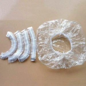 100 Stück Einweg Kunststoff Kappe Schutz, Dusche Haar Kappe Elastisch Klar, US VERSAND - Bild 1 von 4
