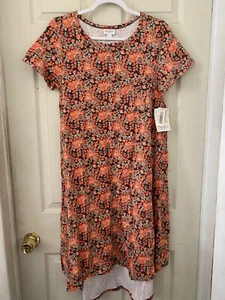 New LuLaRoe Carly Dress Size S Roses Floral Gray Orange Salmon Pink Teal Stretch - Picture 1 of 6
