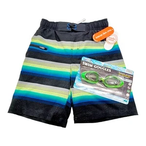 Wonder Nation Swim Shorts & Goggles-8 Boys Striped-Blue-Yellow-Black-UPF50+ - Picture 1 of 7