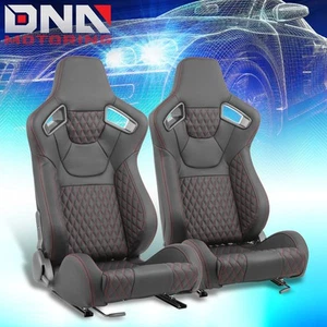Pair Reclinable Black Vinyl Red Stitching Racing Seats w/ Bottom Mount Sliders - Picture 1 of 8