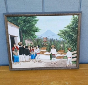 Dipinto olio arte popolare messicana vintage villaggio bambini che giocano Piñata 17" incorniciato - Foto 1 di 16