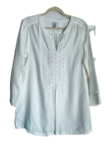 LANDS END blusa donna ricamata scollo spacco tunica lino bianco tg 16 - Foto 1 di 5