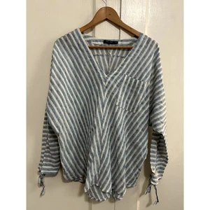 Doe & Rae Gr. Small Damen Bluse Baumwolle/Leinenmischung blau weiß Nadelstreifen - Bild 1 von 7