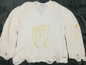 Peace Love World HAPPY Sweater Woman M FITS L Distressed Knit V-Neck 20W 26L 30S - Picture 1 of 12