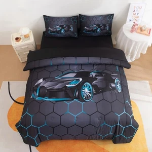 5-teiliges Rennwagen Bettdecken-Set Twin Size blau Sportwagen Bettwäsche-Sets für Jungen 3 - Bild 1 von 7
