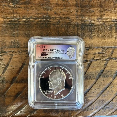 💥 1972 S Eisenhower Dollar – ICG PR70 DCAM – Signed by Austin Hutto (President) - Image 1 of 2