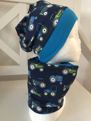 Beanie Mütze Kinder Loop Schal Set NEU Traktor Tiere Bauernhof Trekker Frühling