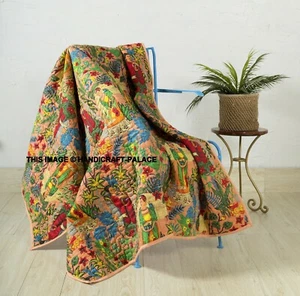 Indian Floral Handmade Twin Cotton Kantha Quilt Sofa Throw Blanket Quilt - Picture 1 of 4